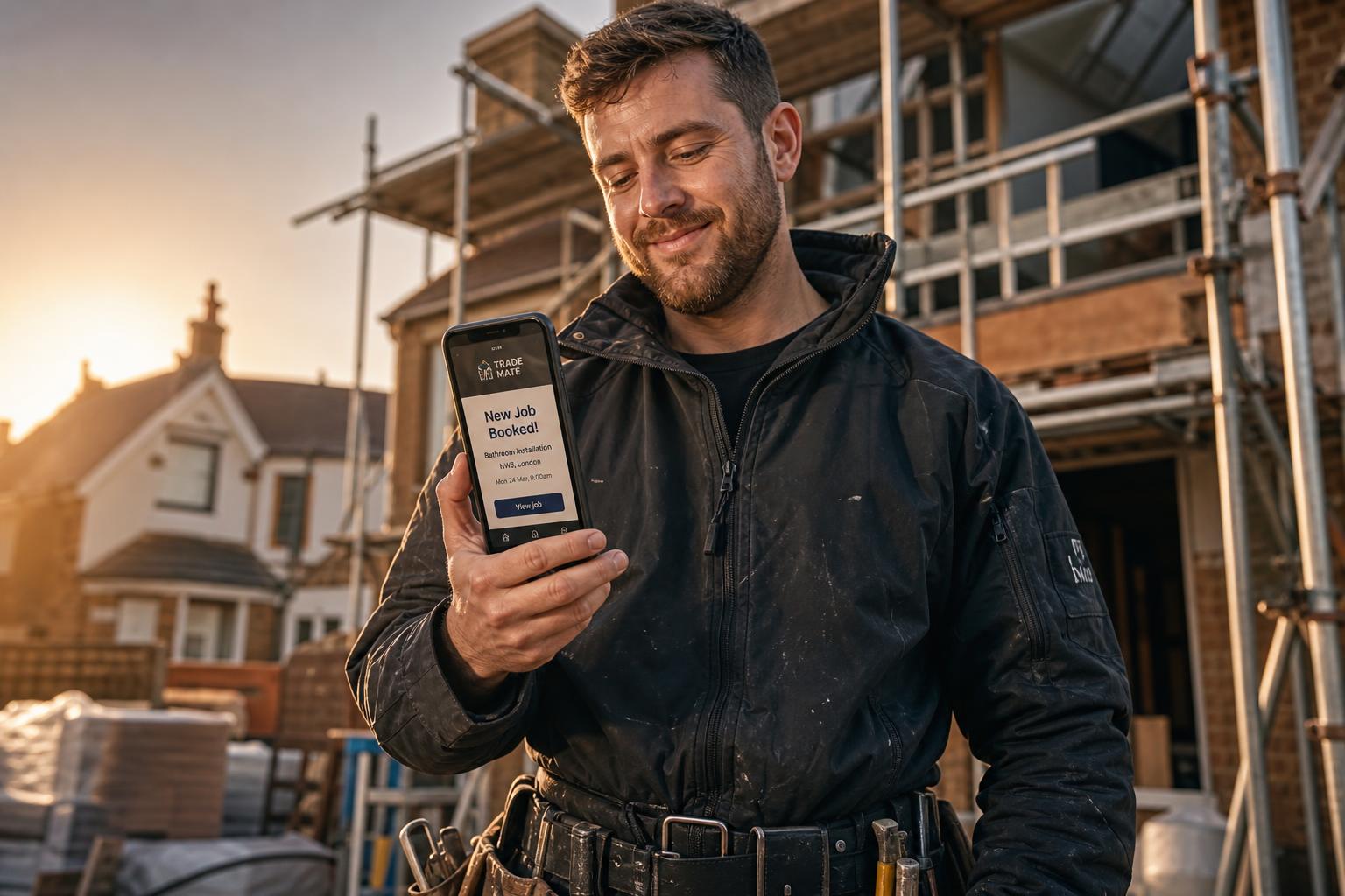 Tradesman receiving an automated lead notification on his phone